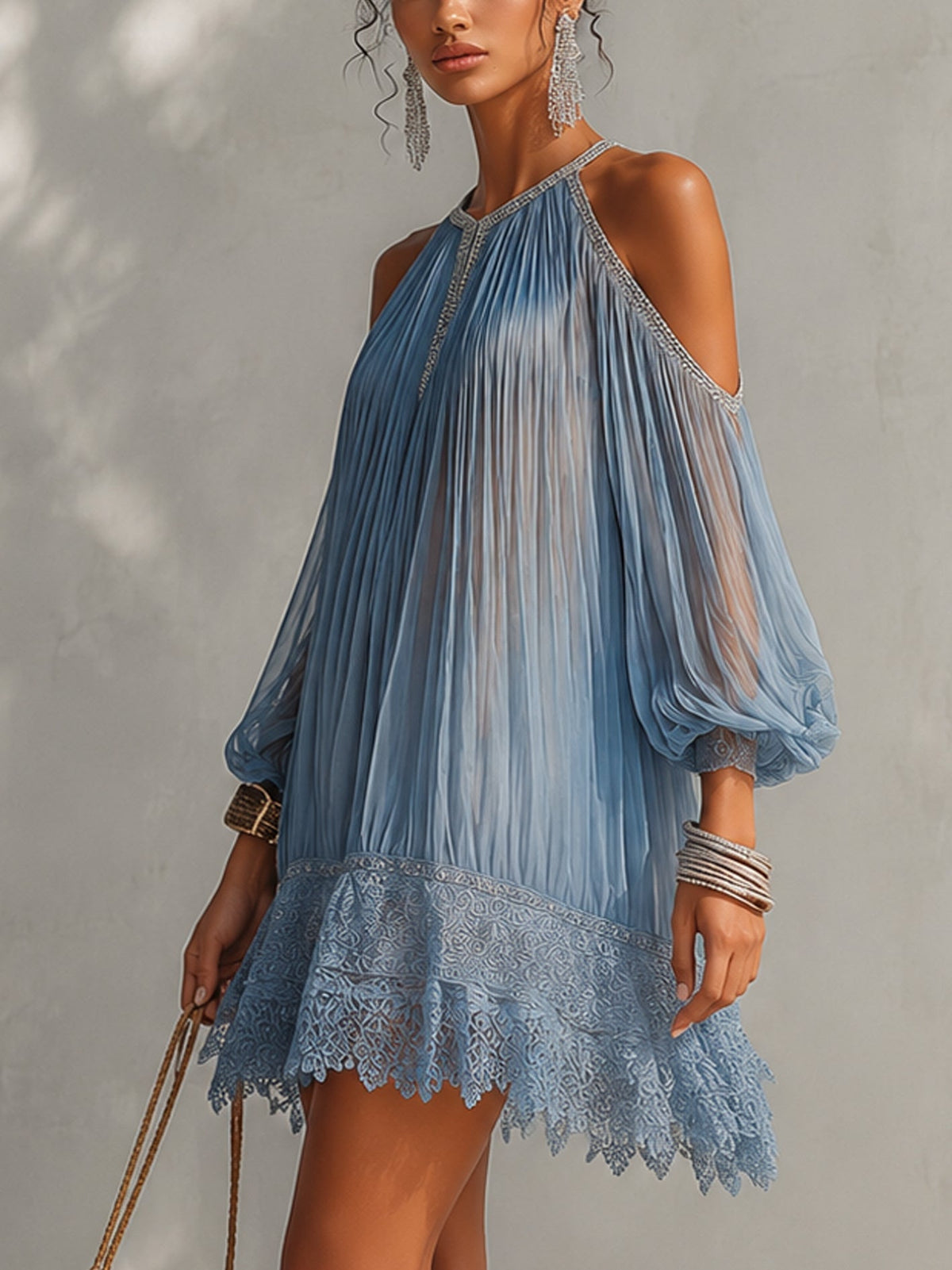 Soffia - Vestido Mini Arrugado Azul con Hombros al Descubierto y Cierre de Encaje para Mujer