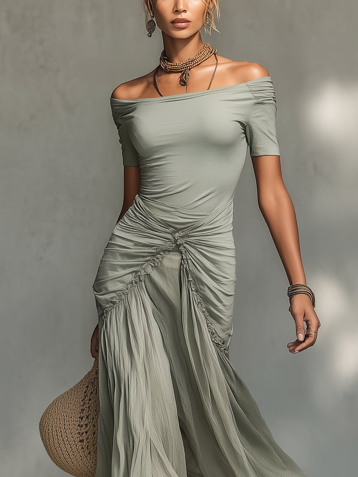 Clara - Vestido Maxi de Tela Stretch Gris y Chiffon para Mujer