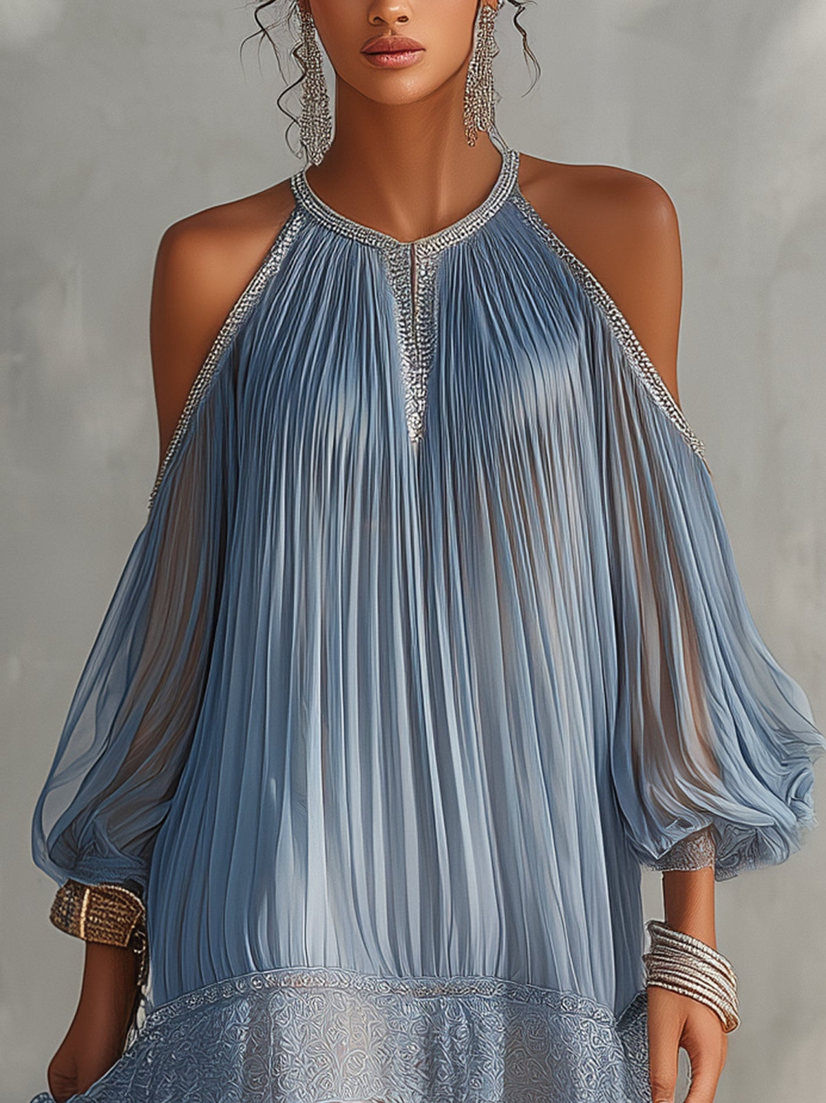 Soffia - Vestido Mini Arrugado Azul con Hombros al Descubierto y Cierre de Encaje para Mujer