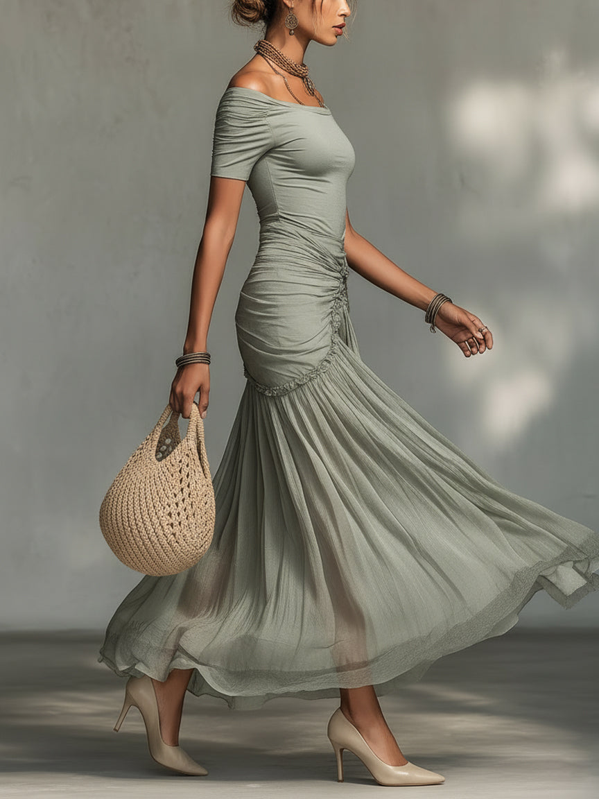 Clara - Vestido Maxi de Tela Stretch Gris y Chiffon para Mujer