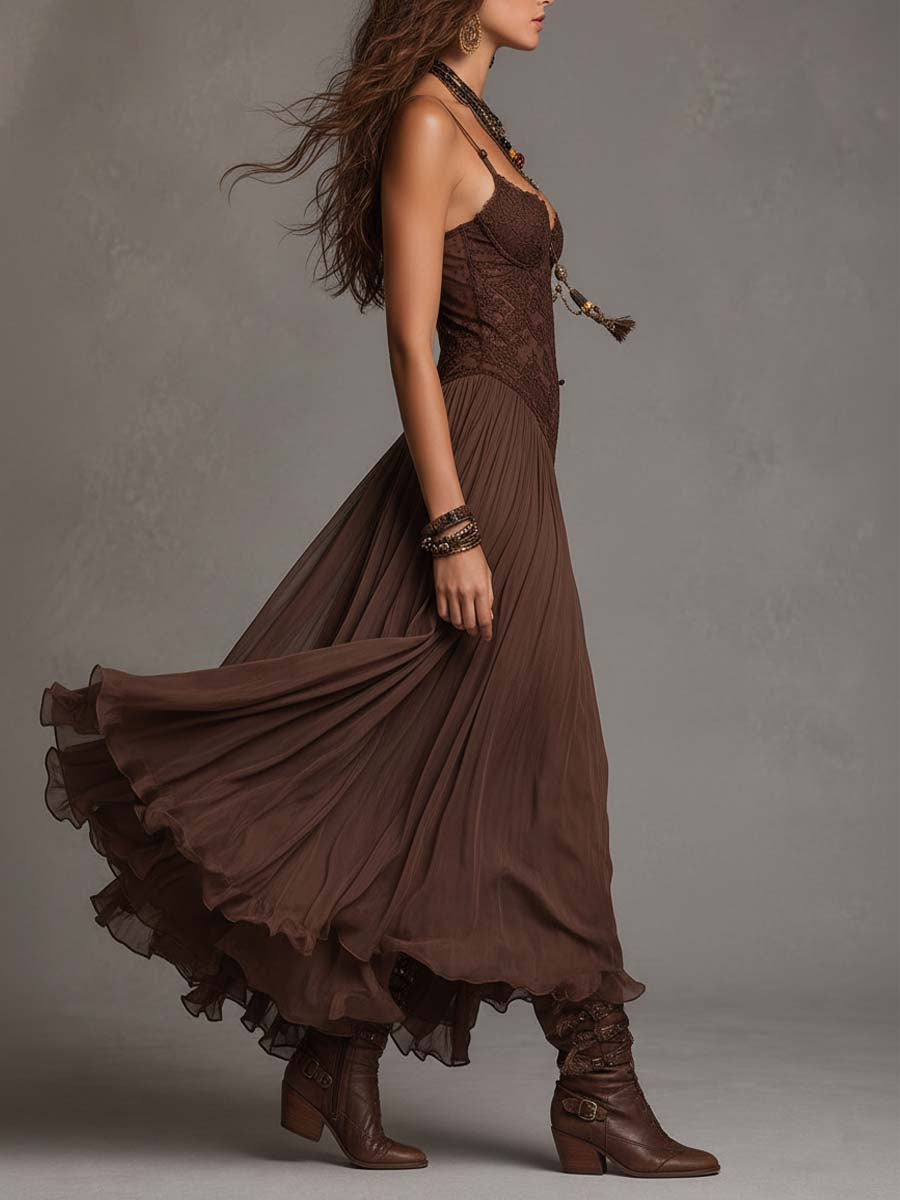 Natalia - Vestido Maxi de Chiffon con Paneles de Encaje Marrón Oscuro para Mujer
