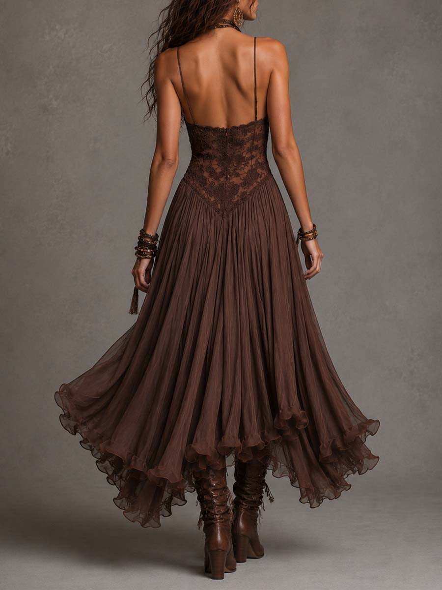 Natalia - Vestido Maxi de Chiffon con Paneles de Encaje Marrón Oscuro para Mujer