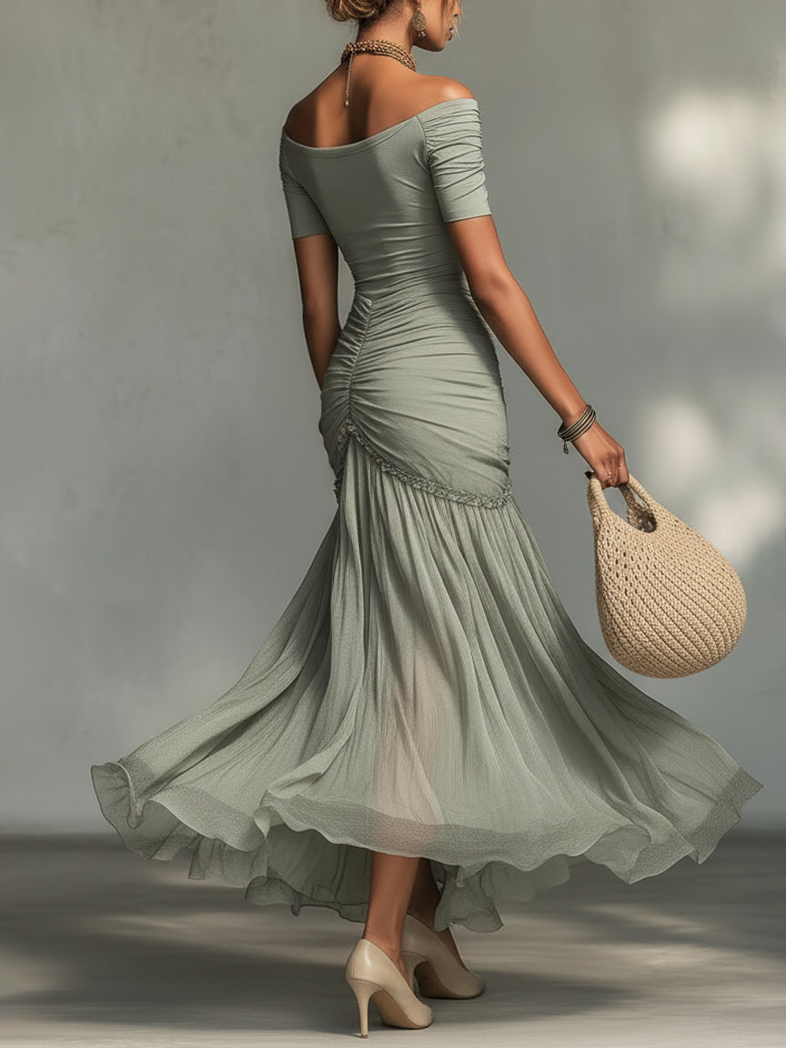 Clara - Vestido Maxi de Tela Stretch Gris y Chiffon para Mujer