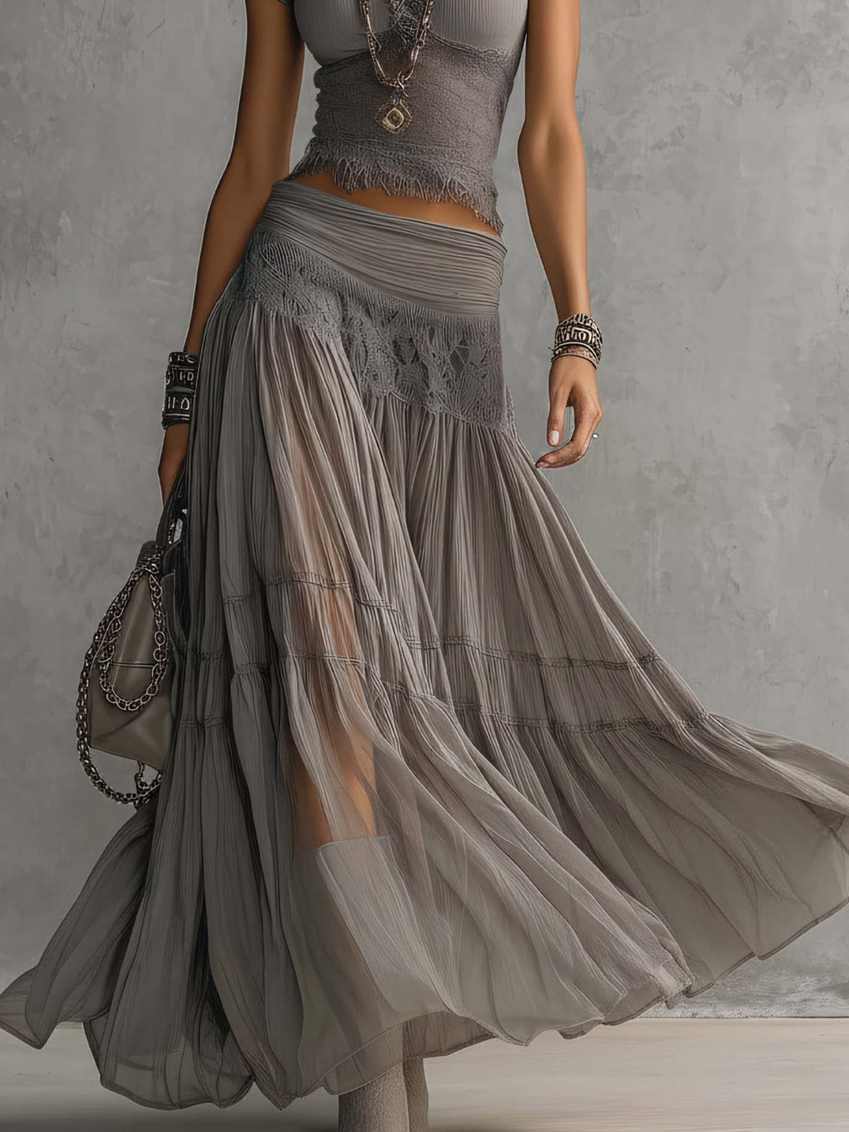 Luisa - Conjunto de Top de Encaje y Falda Maxi Plisada