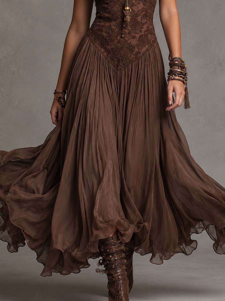 Natalia - Vestido Maxi de Chiffon con Paneles de Encaje Marrón Oscuro para Mujer