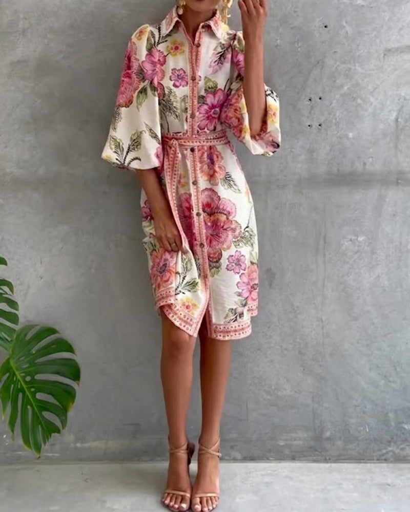 Rosalva - Vestido de Manga Lámpara con Cuello Fruncido Impreso para Mujer
