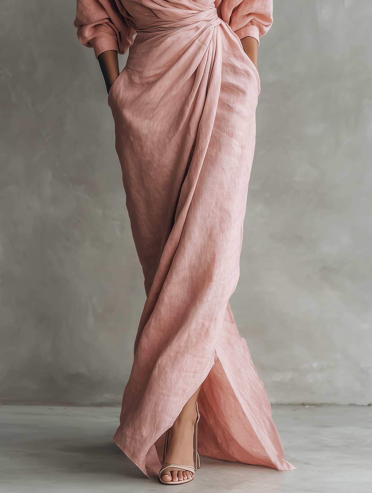 Rosa - Vestido Maxi Minimalista Rosa con escote en V en mezcla de Lino para Mujer