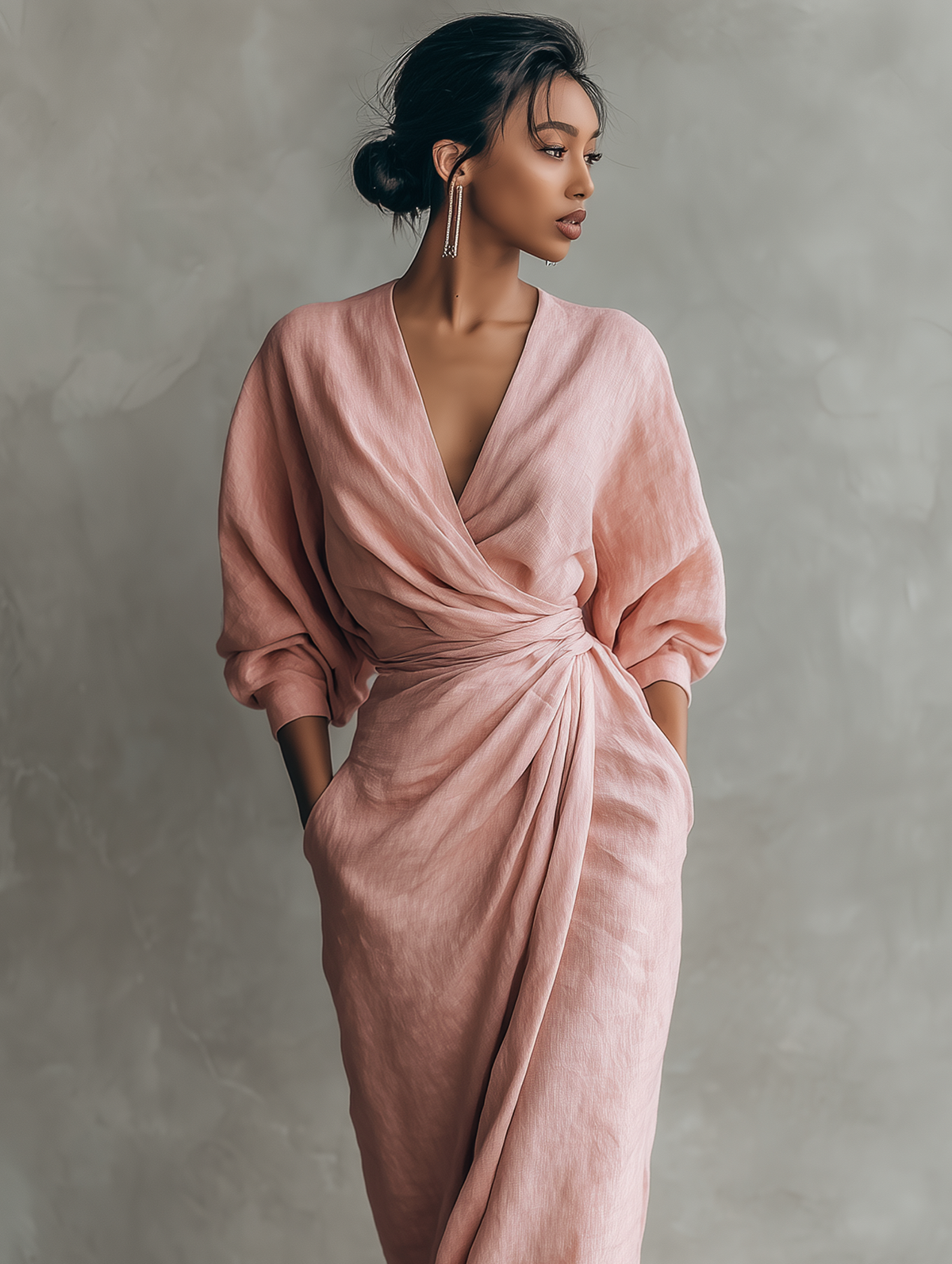 Rosa - Vestido Maxi Minimalista Rosa con escote en V en mezcla de Lino para Mujer