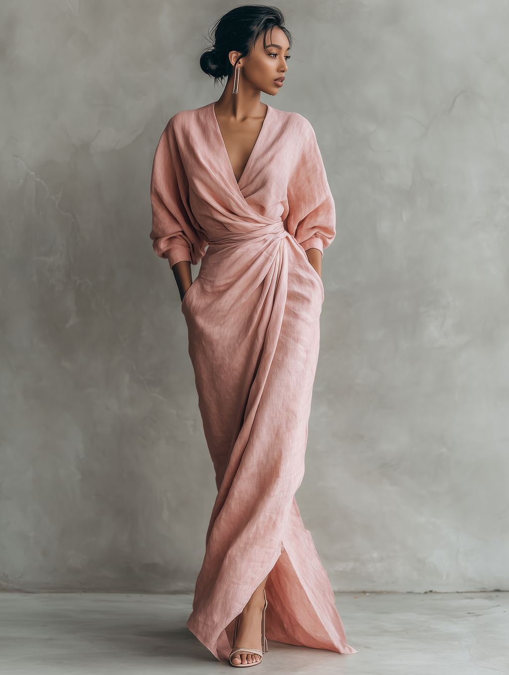Rosa - Vestido Maxi Minimalista Rosa con escote en V en mezcla de Lino para Mujer