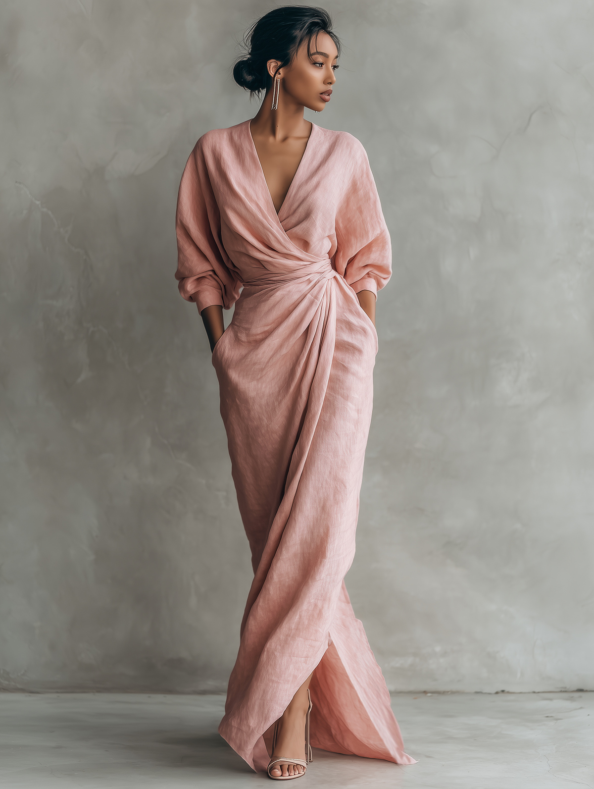 Rosa - Vestido Maxi Minimalista Rosa con escote en V en mezcla de Lino para Mujer