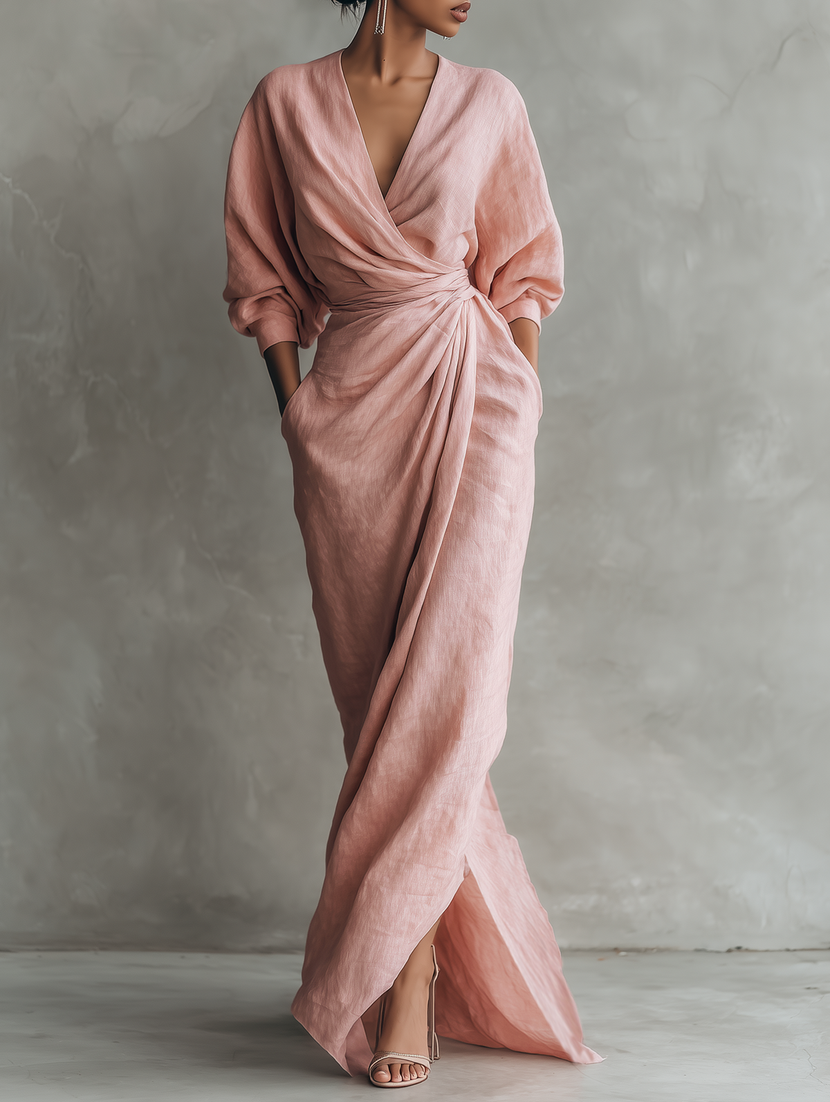 Rosa - Vestido Maxi Minimalista Rosa con escote en V en mezcla de Lino para Mujer