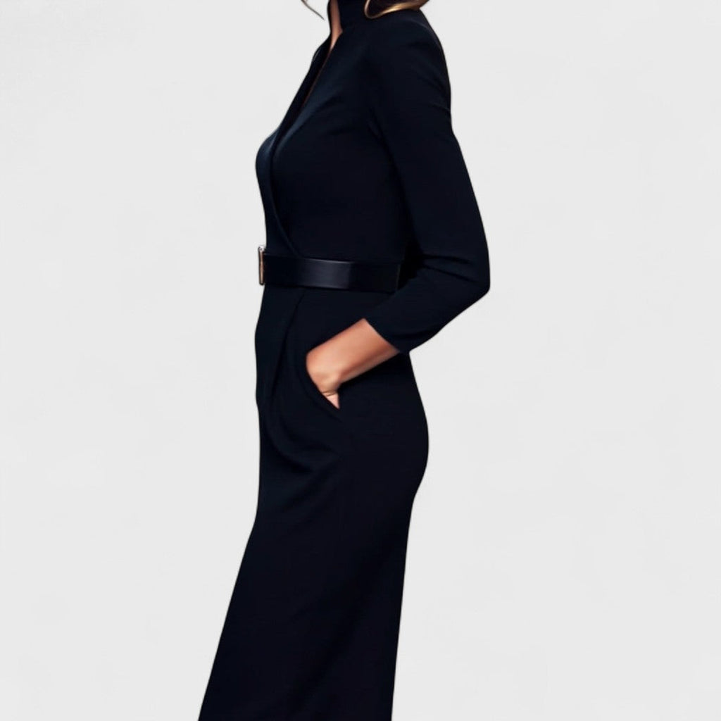 Mandarin - Vestido negro refinado con cinturón y cuello