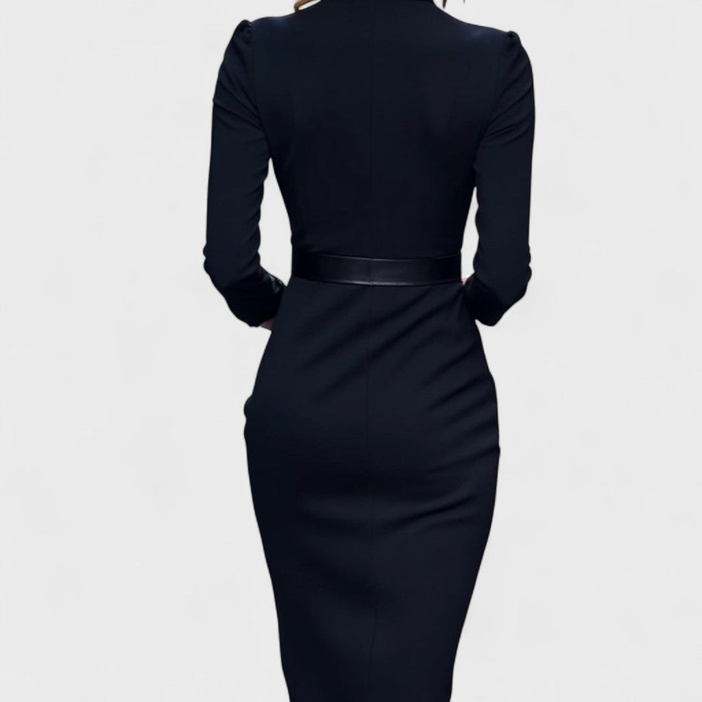 Mandarin - Vestido negro refinado con cinturón y cuello