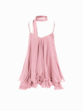Brisa - Minivestido con escote en V, cuello halter, volantes y pañuelo para Mujer
