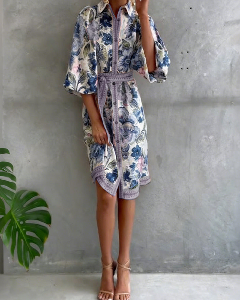 Rosalva - Vestido de Manga Lámpara con Cuello Fruncido Impreso para Mujer