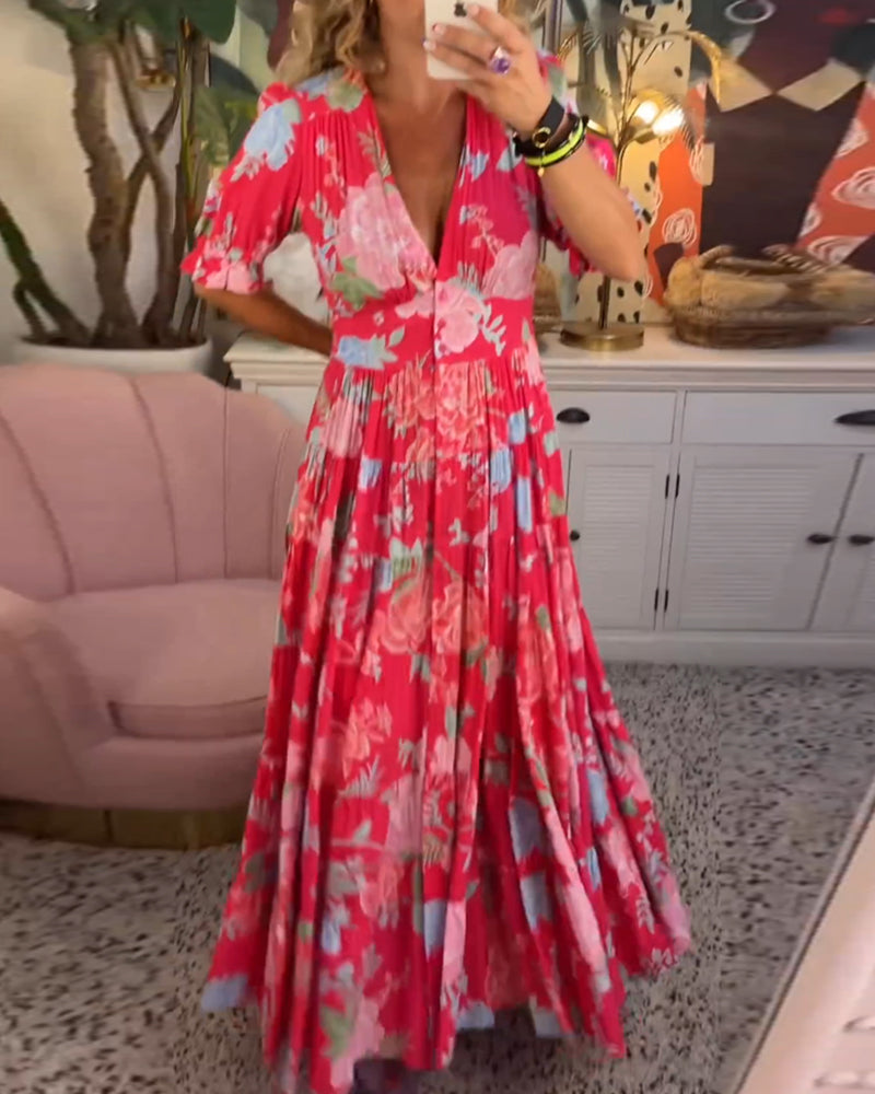 Catrisa™ - Vestido con cuello en V y estampado floral con bolsillos