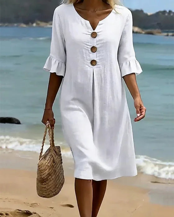 Vanesa | Vestido con textura de lino con manga abullonada y botones para Mujer