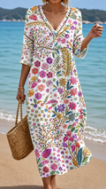 Flor - Vestido Midi Suave con Elegante Patrón Floral Multicolor para Mujer