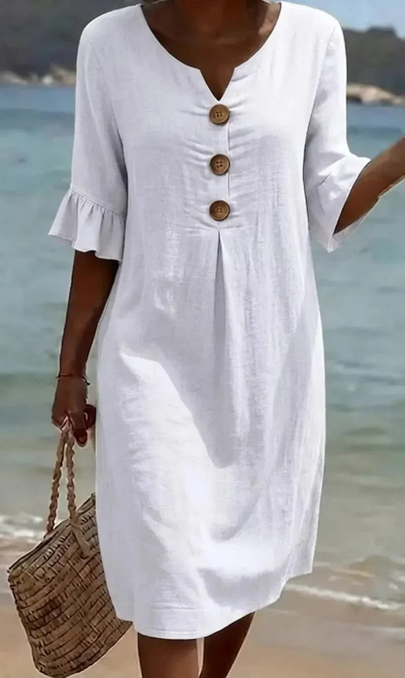 Vanesa | Vestido con textura de lino con manga abullonada y botones para Mujer