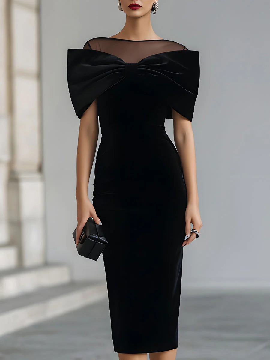 Regina ❘ Vestido Midi de Terciopelo Negro Dramático con Lazo
