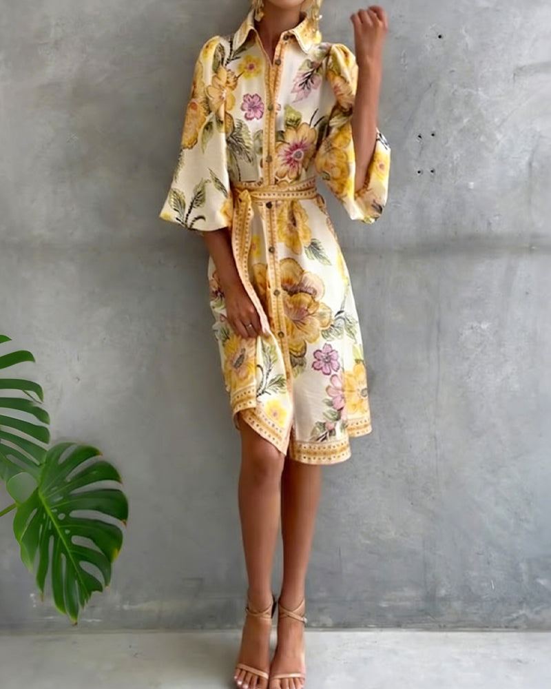 Rosalva - Vestido de Manga Lámpara con Cuello Fruncido Impreso para Mujer