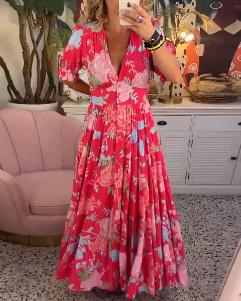 Catrisa™ - Vestido con cuello en V y estampado floral con bolsillos