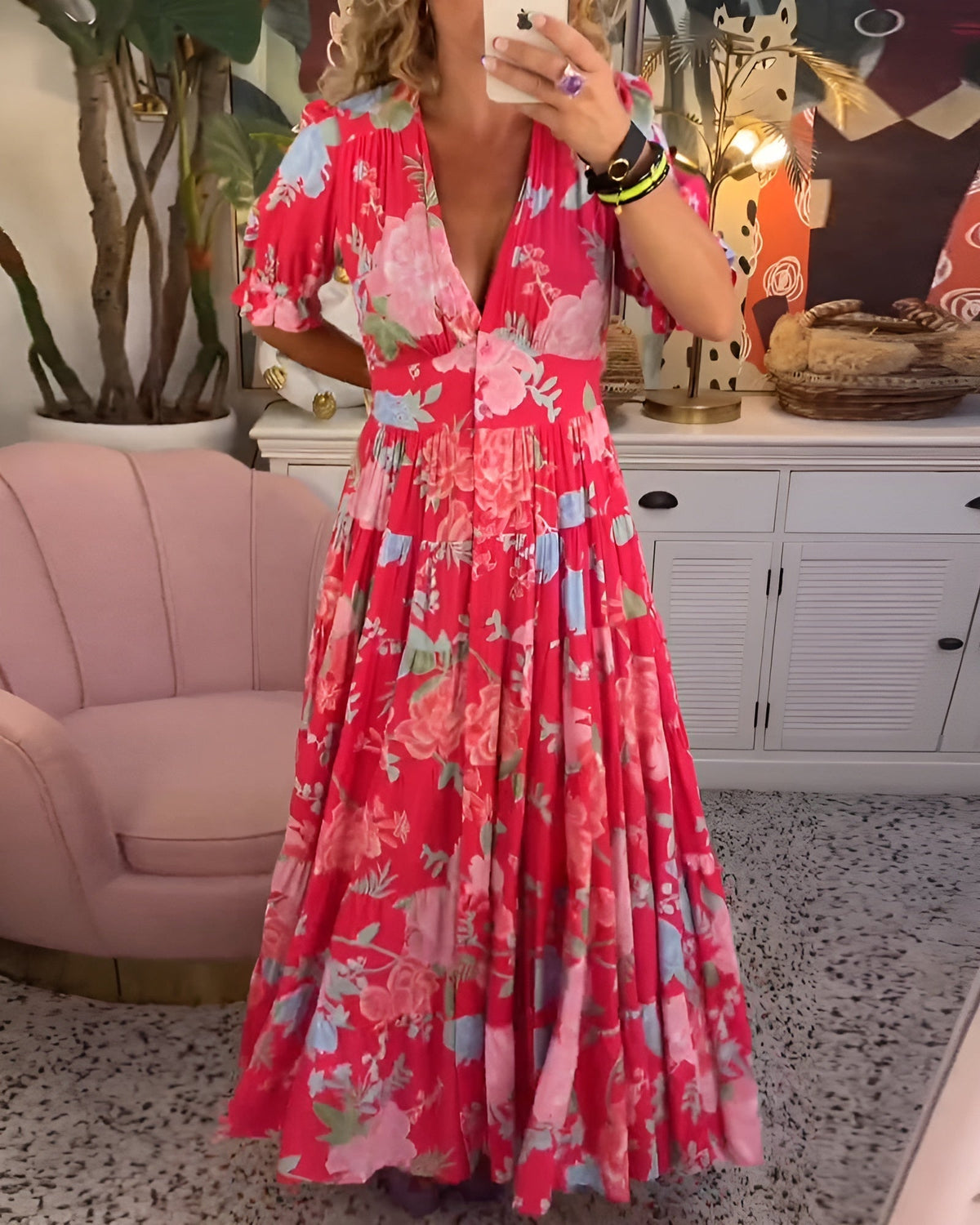 Carine | Vestido con cuello en V y bolsillos con estampado floral