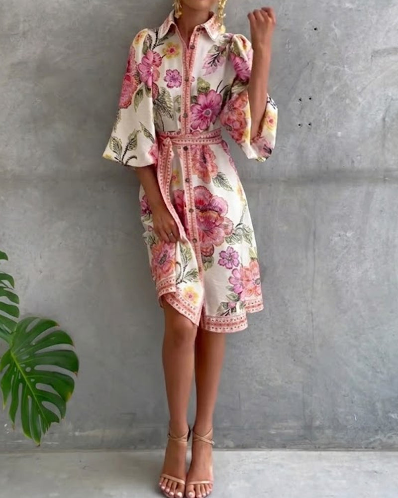 Rosalva - Vestido de Manga Lámpara con Cuello Fruncido Impreso para Mujer