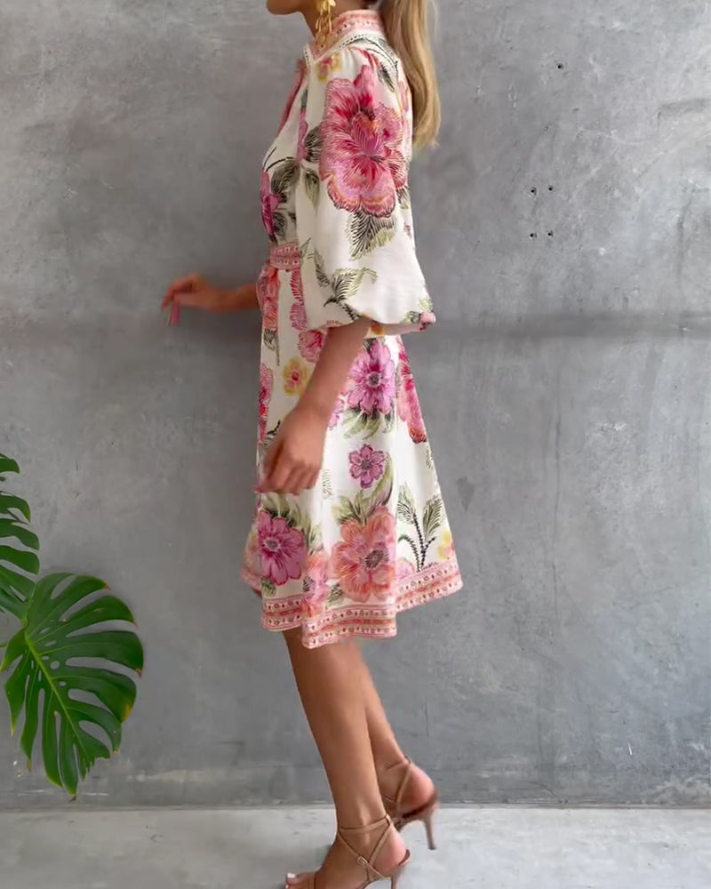 Rosalva - Vestido de Manga Lámpara con Cuello Fruncido Impreso para Mujer