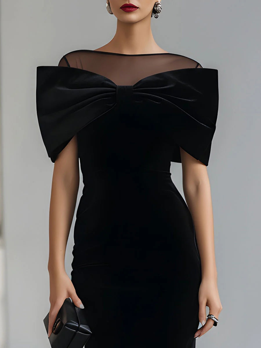 Regina ❘ Vestido Midi de Terciopelo Negro Dramático con Lazo