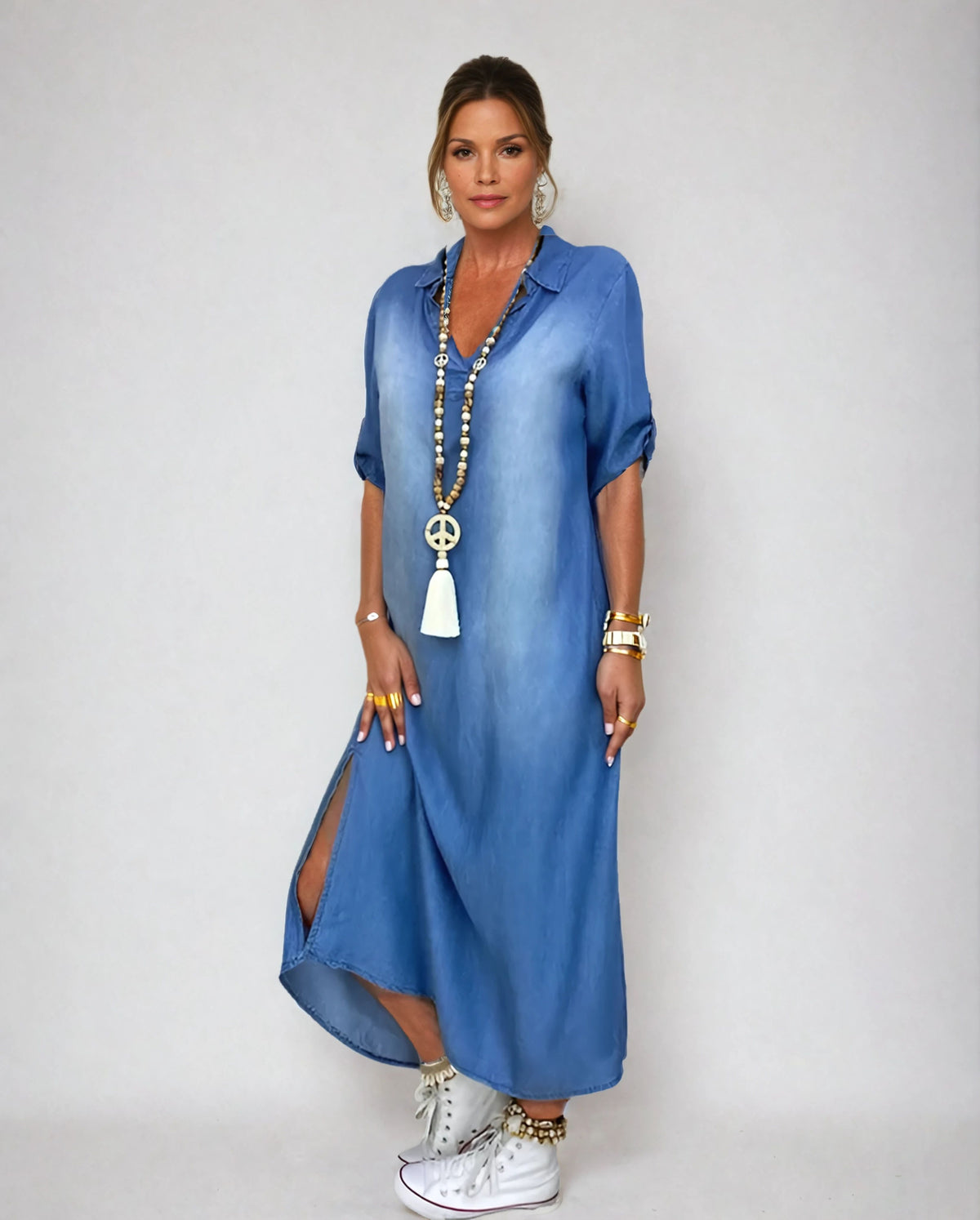 Lea | Vestido largo de efecto denim con abertura lateral