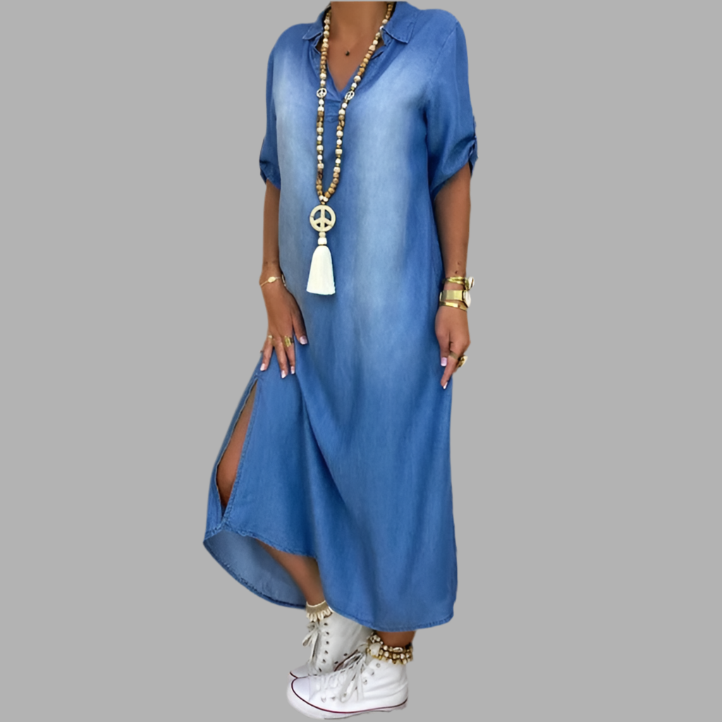 Lea | Vestido largo de efecto denim con abertura lateral