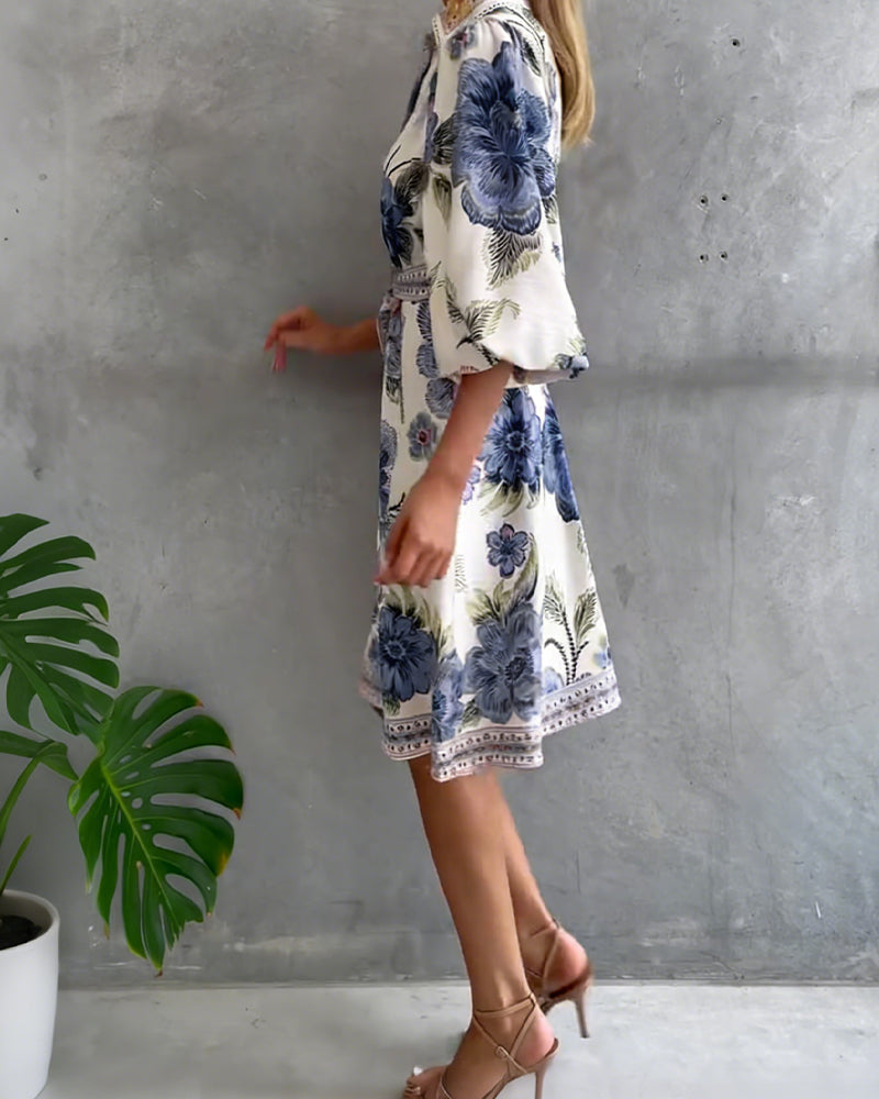 Rosalva - Vestido de Manga Lámpara con Cuello Fruncido Impreso para Mujer