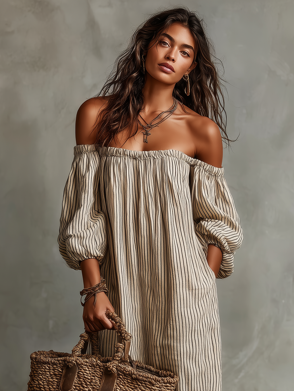 Carmen | Vestido largo de algodón y lino con hombros descubiertos para Mujer