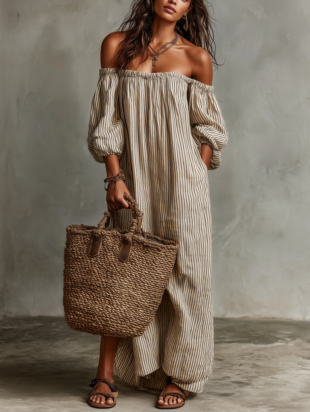 Carmen | Vestido largo de algodón y lino con hombros descubiertos para Mujer
