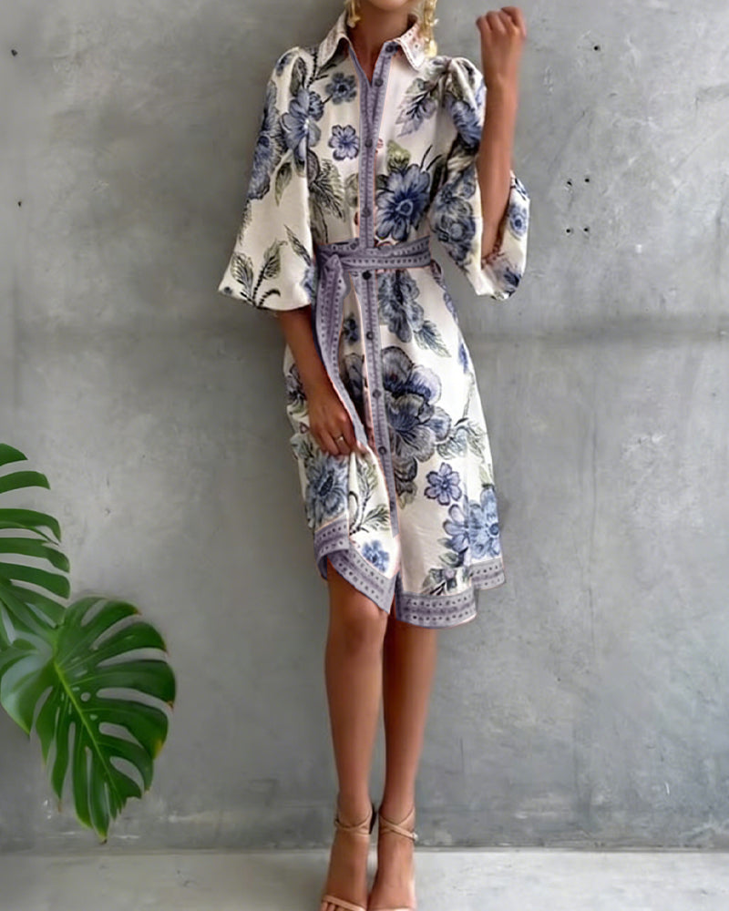 Rosalva - Vestido de Manga Lámpara con Cuello Fruncido Impreso para Mujer