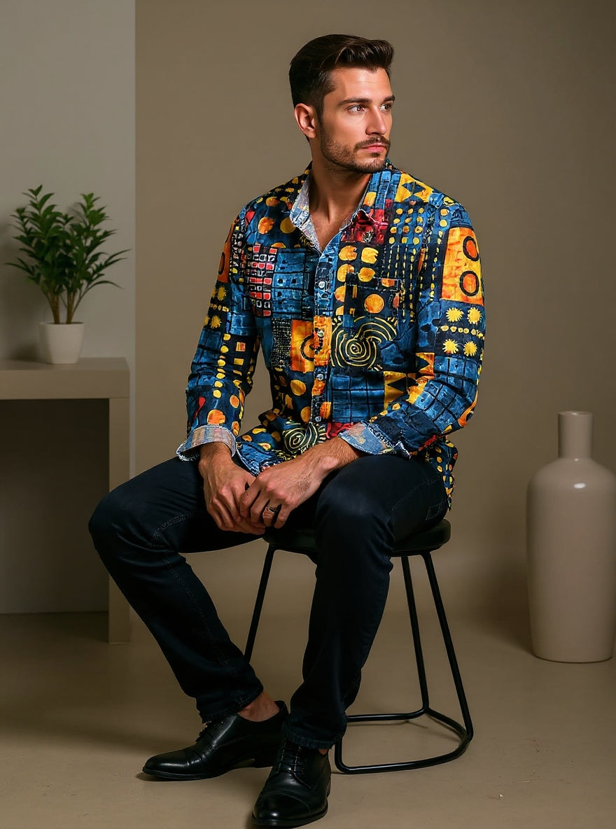 Miguel - Camisa de Manga Larga Casual de Arte Geométrico