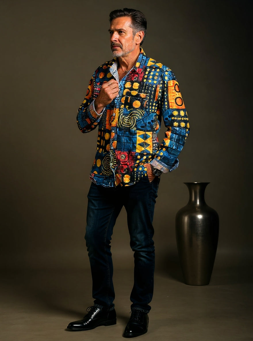 Miguel - Camisa de Manga Larga Casual de Arte Geométrico