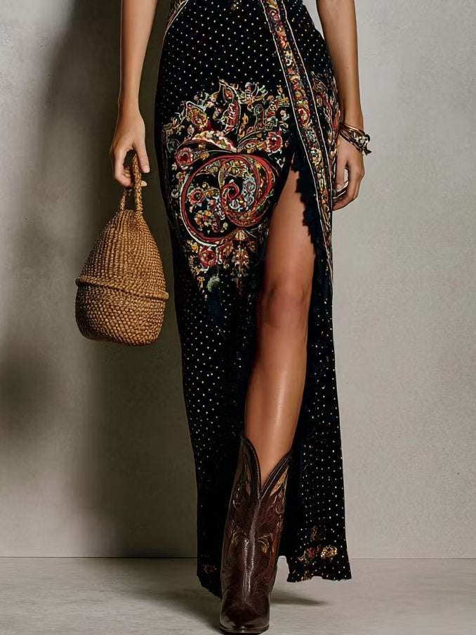 Rita - Vestido Impreso de Estilo Bohemio con Escote en V Profundo y Gran Abertura para Mujer