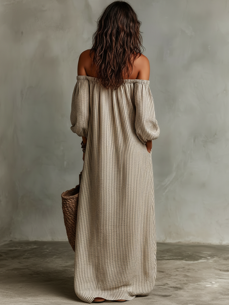 Carmen | Vestido largo de algodón y lino con hombros descubiertos para Mujer