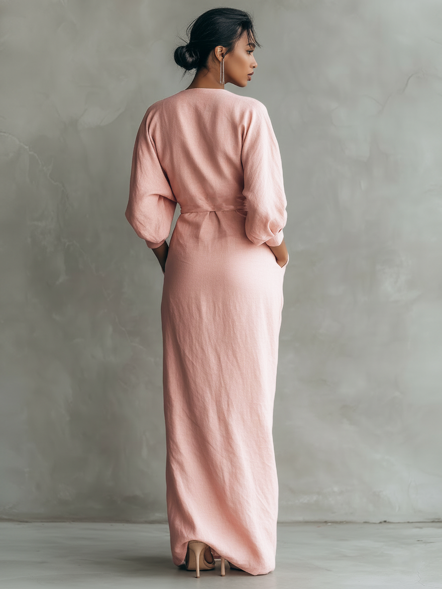 Rosa - Vestido Maxi Minimalista Rosa con escote en V en mezcla de Lino para Mujer