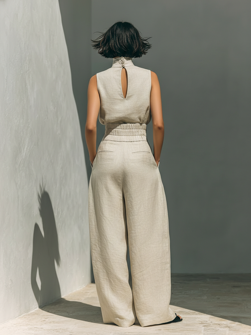 Aida - Conjunto de Blusa Sin Mangas y Pantalones de Pierna Ancha en Algodón y Lino Minimalista para Mujer