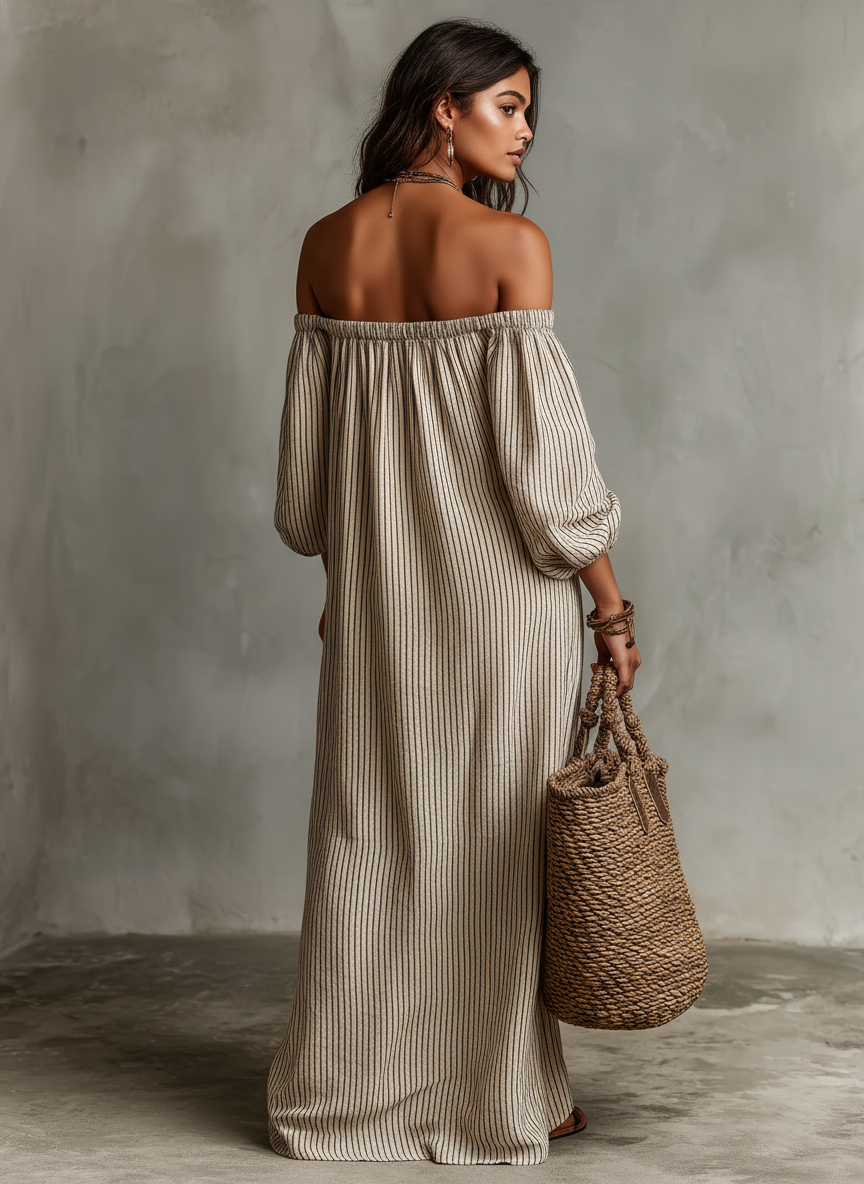 Carmen | Vestido largo de algodón y lino con hombros descubiertos para Mujer