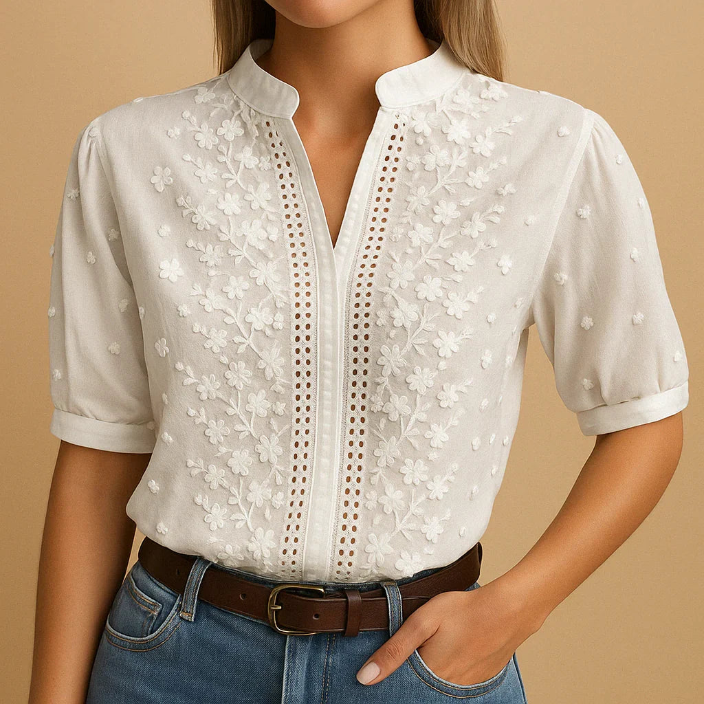 Cambria – Blusa con cuello con abertura y bordado para Mujer