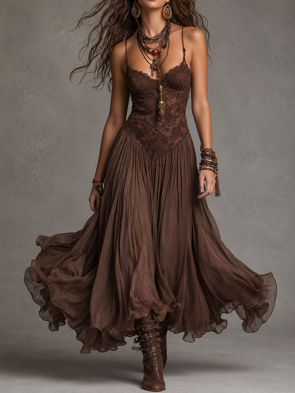 Natalia - Vestido Maxi de Chiffon con Paneles de Encaje Marrón Oscuro para Mujer