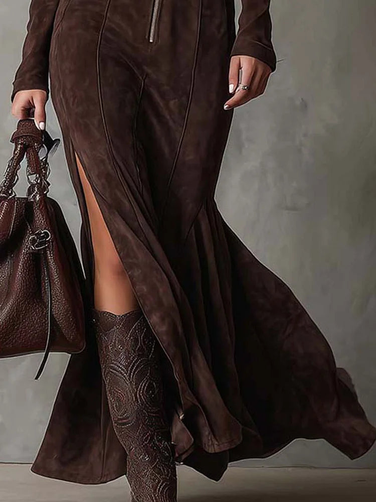 Cataina™ | Vestido largo vintage marrón con cinturón