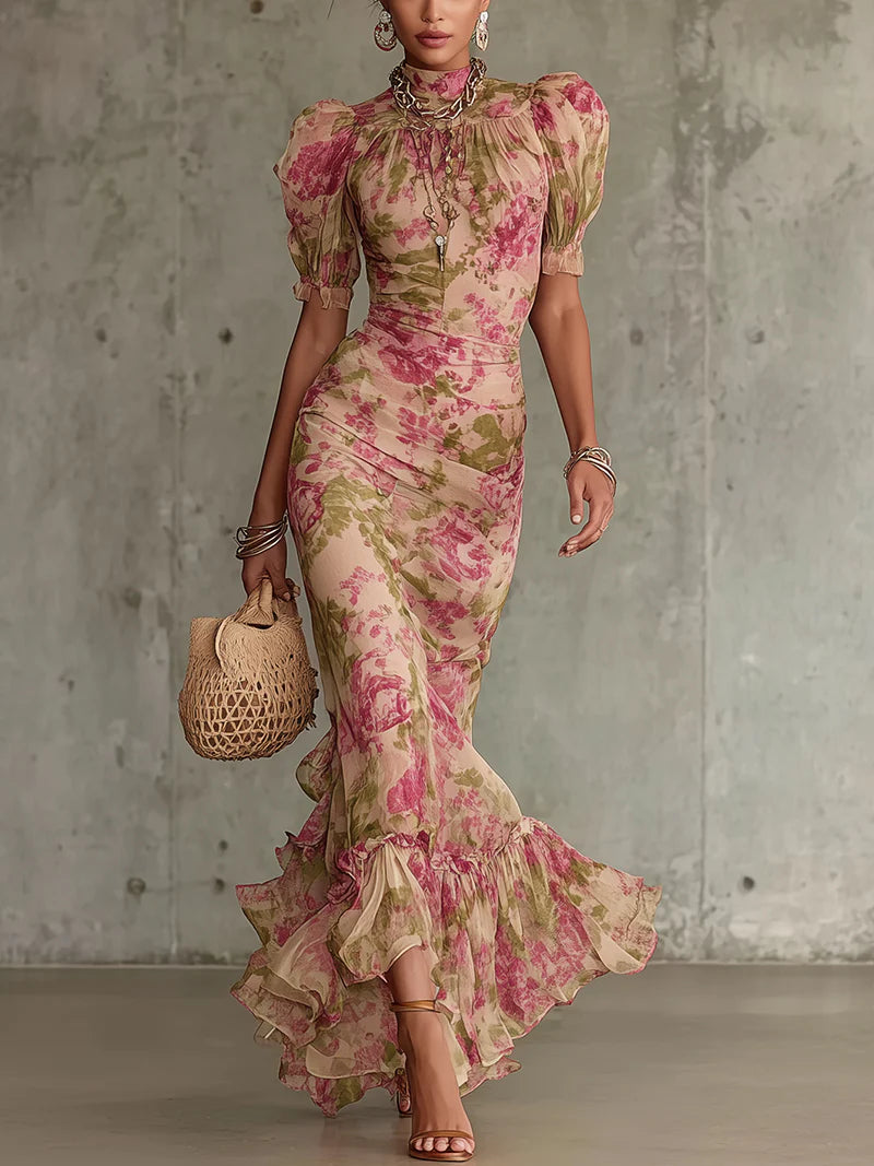 Fiora | Vestido largo con estampado vintage de rosas y mangas abullonadas para Mujer