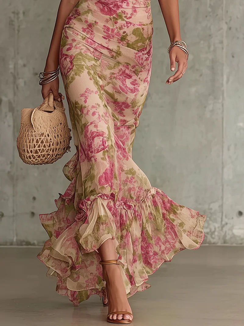 Fiora | Vestido largo con estampado vintage de rosas y mangas abullonadas para Mujer
