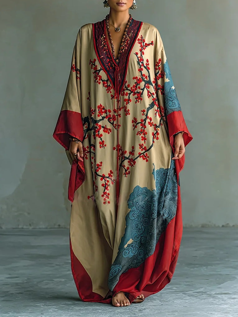 Zaki - Vestido Maxi con Impresión de Flor de Ciruela Roja Japonesa