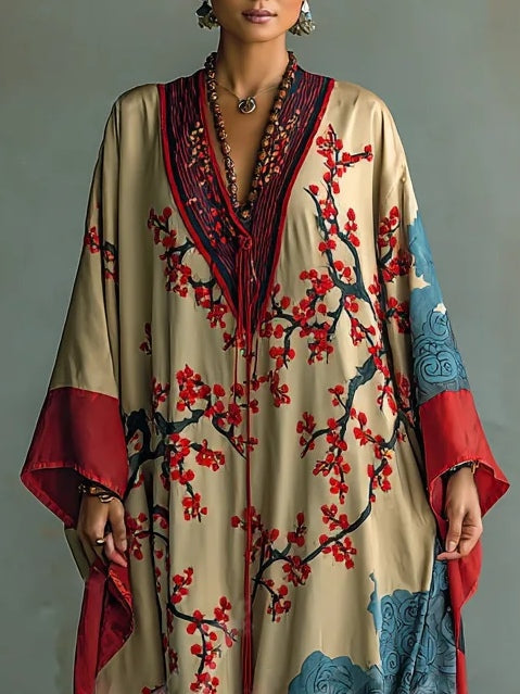 Zaki - Vestido Maxi con Impresión de Flor de Ciruela Roja Japonesa